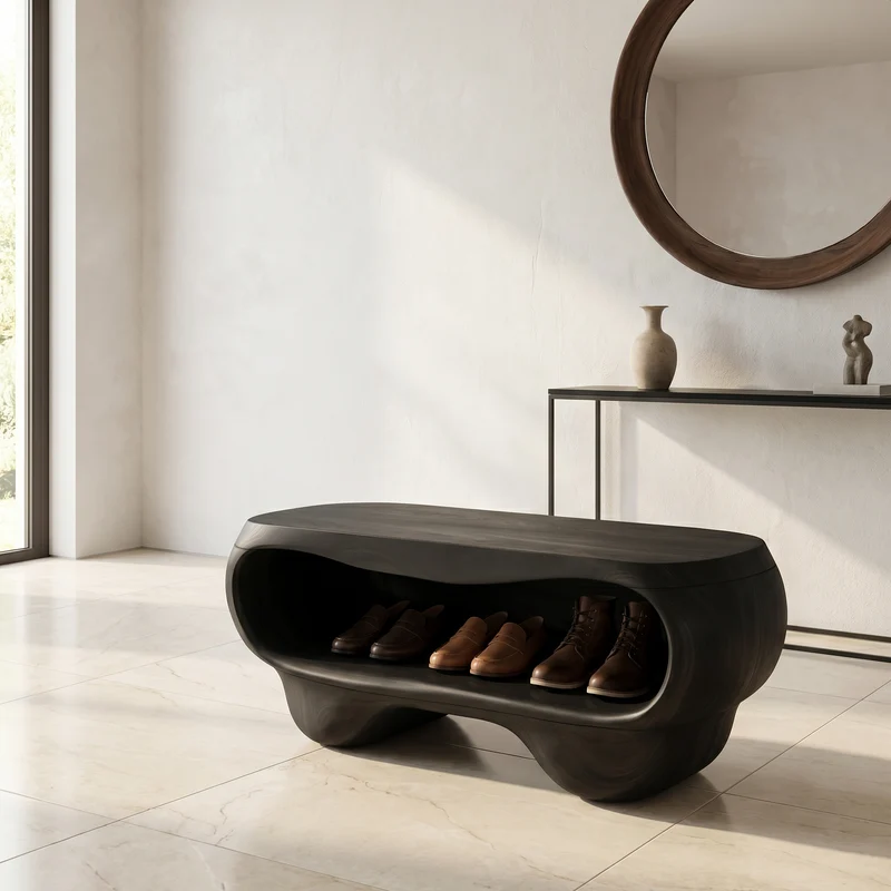 Spry Interior Organic Shoe Bench with Rounded Storage Shelves, Handcrafted Wood Entryway Seat, SINLHASB094