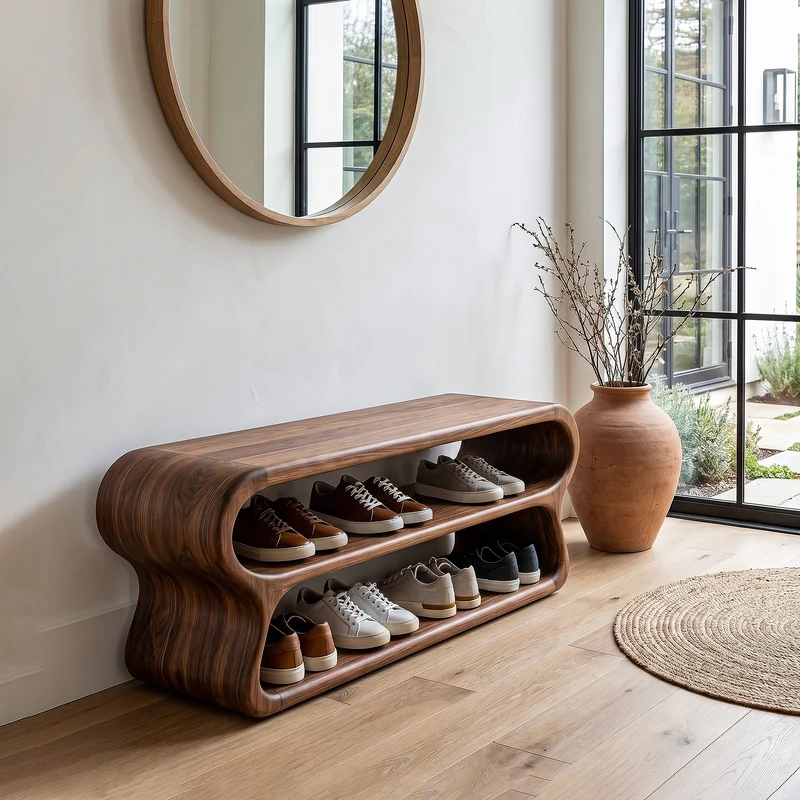 Spry Interior Contemporary Shoe Bench with Open Storage Compartments, Wood Hallway Mudroom Seating, SINLHASB092