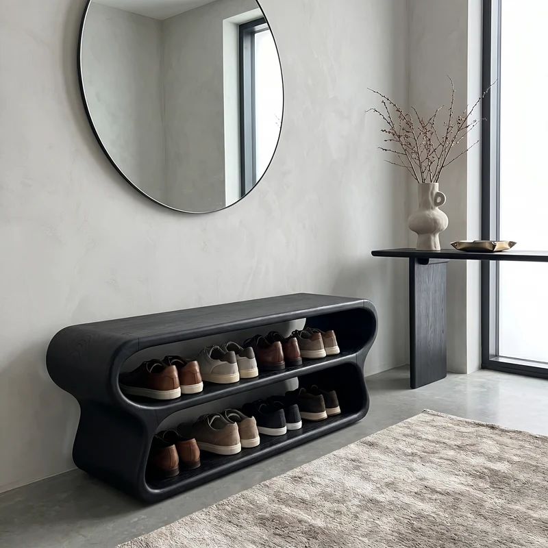 Spry Interior Contemporary Shoe Bench with Open Storage Compartments, Wood Hallway Mudroom Seating, SINLHASB092