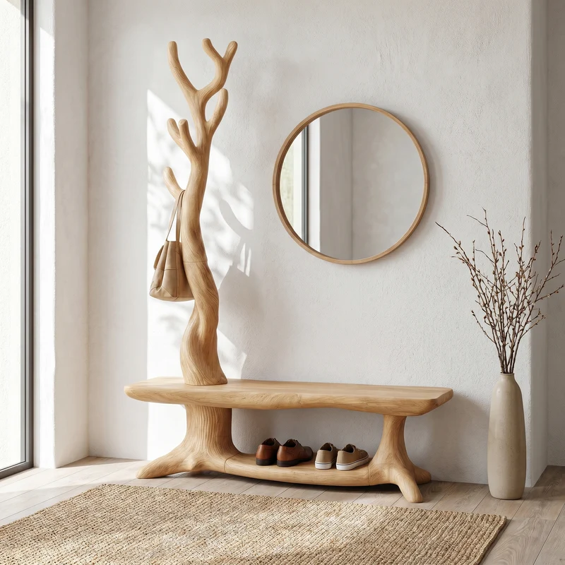Spry Interior Rustic Shoe Storage Bench with Branch Coat Rack, Entryway Hall Tree Wood Organizer, SINLHASB091