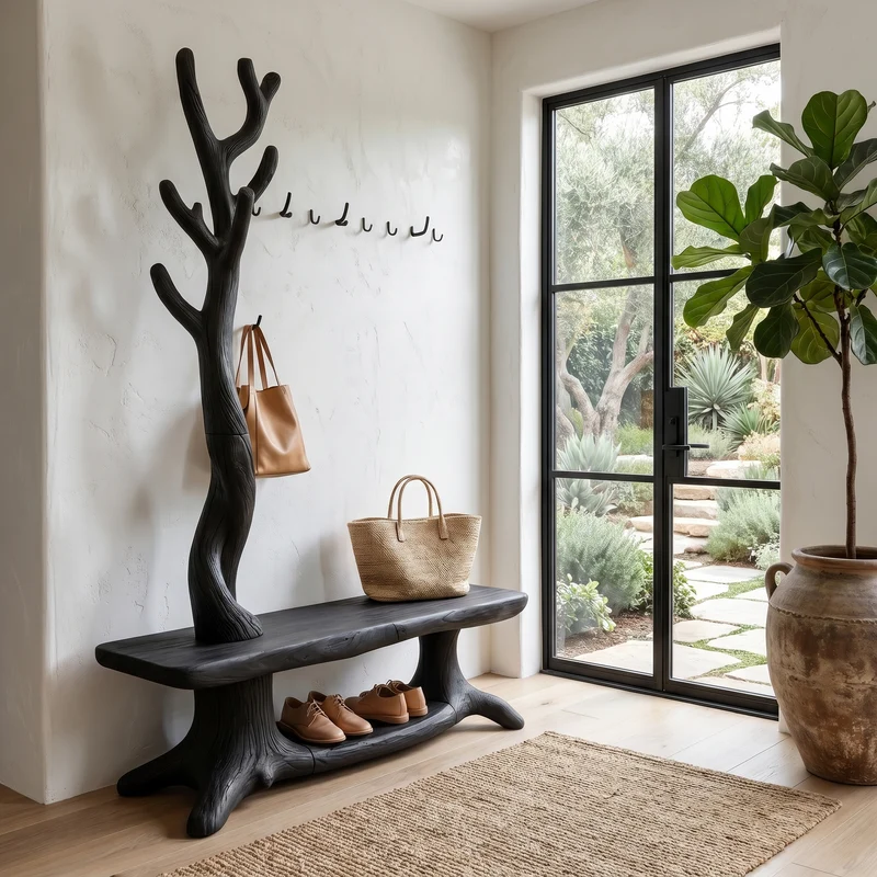Spry Interior Rustic Shoe Storage Bench with Branch Coat Rack, Entryway Hall Tree Wood Organizer, SINLHASB091