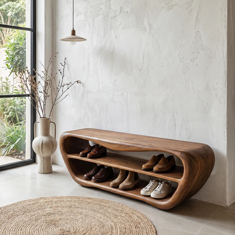Spry Interior Handcrafted Shoe Bench with Open Storage, Rustic Wooden Entryway Sitting Bench Organizer, SINLHASB090