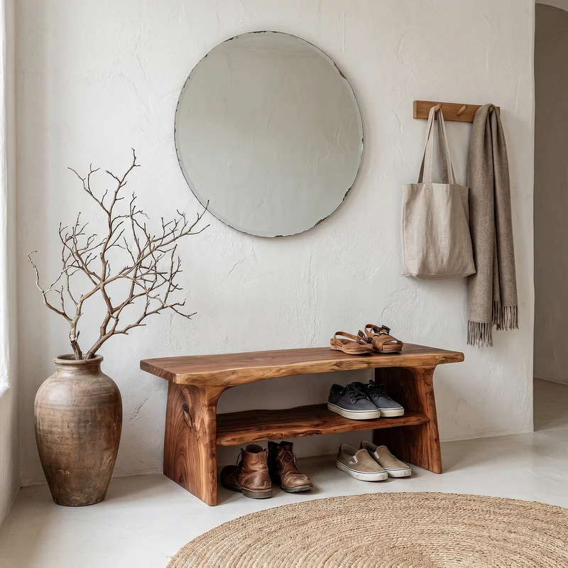 Spry Interior Rustic Shoe Bench with Natural Wood Storage, Handcrafted Entryway Sitting Bench, SINLHASB089
