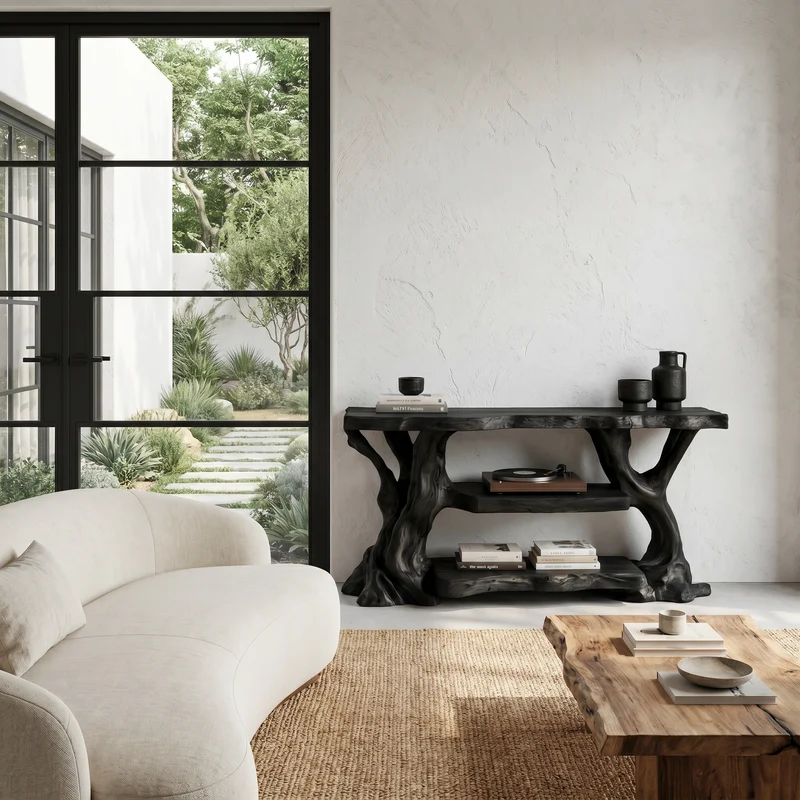 Spry Interior Rustic TV Stand with Natural Wood Sculptural Frame, Solid Wood Media Console Table, SINLHATC066