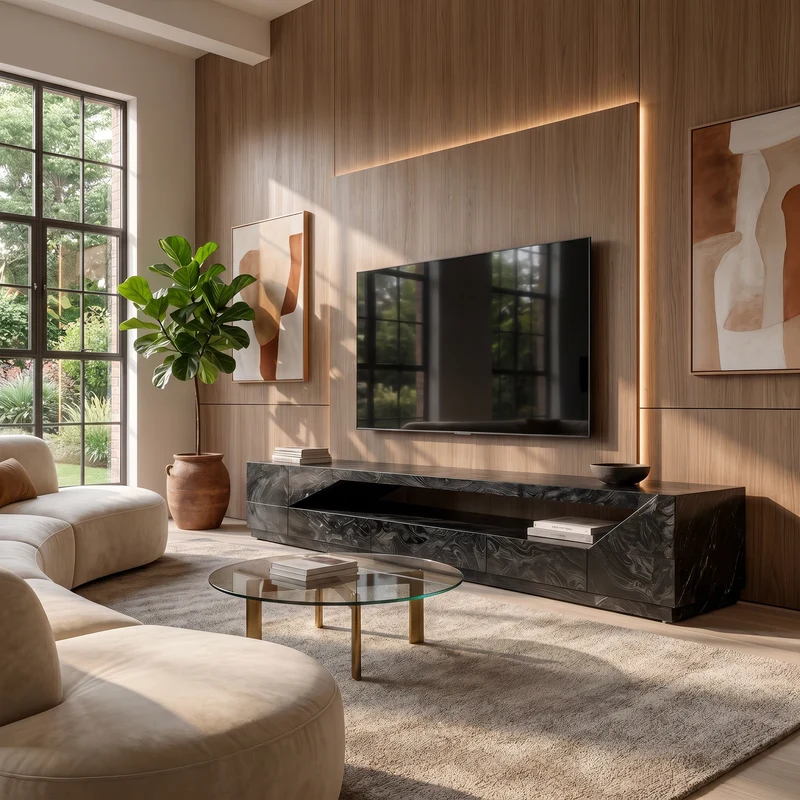 Spry Interior Minimal TV Console with Natural Wood Grain, Modern Wooden Media Cabinet Sideboard, SINLKITC057
