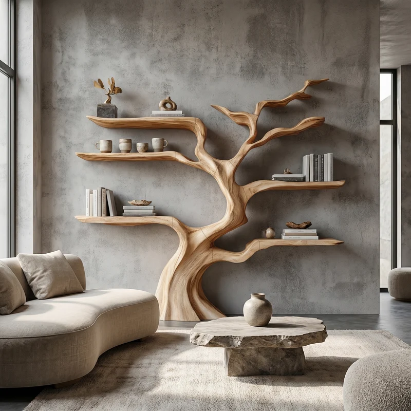 Spry Interior Nature-Inspired Tree Bookshelf, Floating Wooden Shelves, Tree-Shaped Bookcase for Wall, SINLHATB753