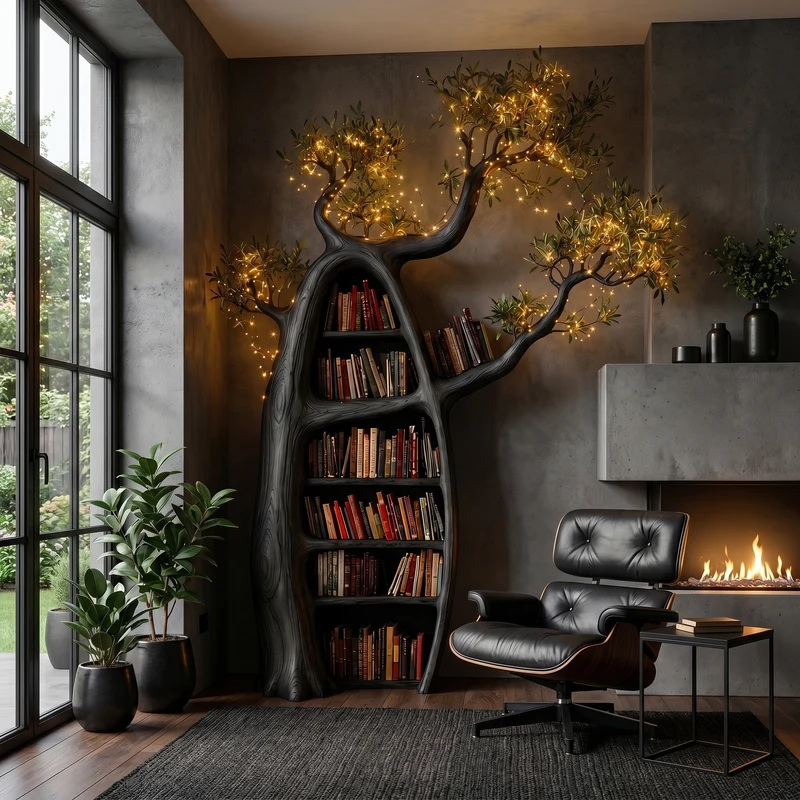 Spry Interior Artistic Tree Bookshelf with Illuminated Branch Crown, Handcrafted Wall Tree Shelf, SINLKITB752