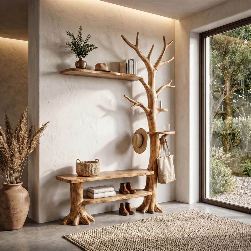 Spry Interior Rustic Tree Coat Rack with Integrated Bench and Floating Shelves, Wood Entryway Hall Tree, SINLHATCR118