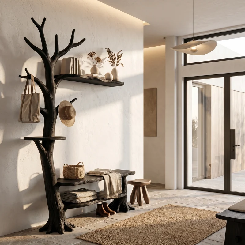 Spry Interior Rustic Tree Coat Rack with Integrated Bench and Floating Shelves, Wood Entryway Hall Tree, SINLHATCR118