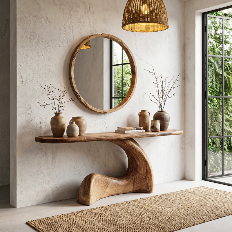 Spry Interior Organic Solid Wood Console Table with Sculptural Curved Base, Modern Entryway Sofa Table for Living Room, SINLHACS583