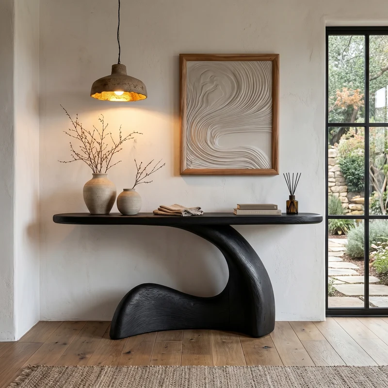 Spry Interior Organic Solid Wood Console Table with Sculptural Curved Base, Modern Entryway Sofa Table for Living Room, SINLHACS583