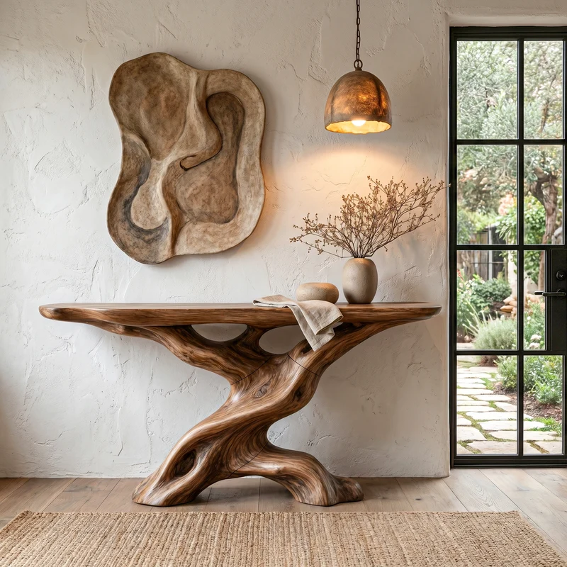 Spry Interior Live Edge Console Table with Sculptural Wood Base, Solid Wood Sofa Accent Table for Living Room, SINLHACS586