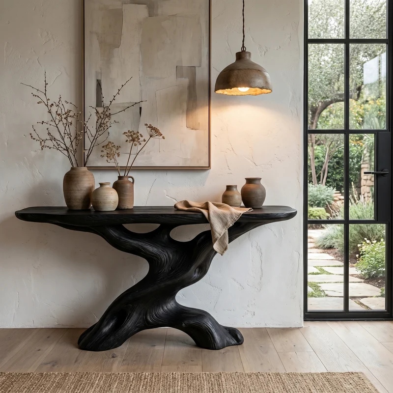Spry Interior Live Edge Console Table with Sculptural Wood Base, Solid Wood Sofa Accent Table for Living Room, SINLHACS586