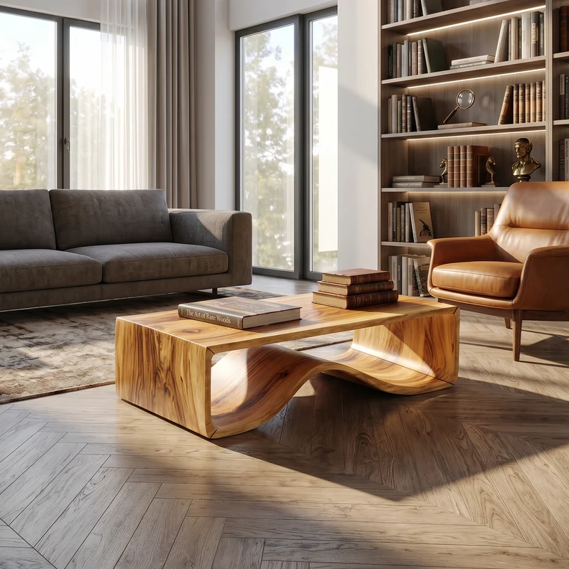 Spry Interior Wave Sculptural Wood Coffee Table, Modern Solid Wood Center Table for Library Lounge and Contemporary Living Room, SILDTTRCF132