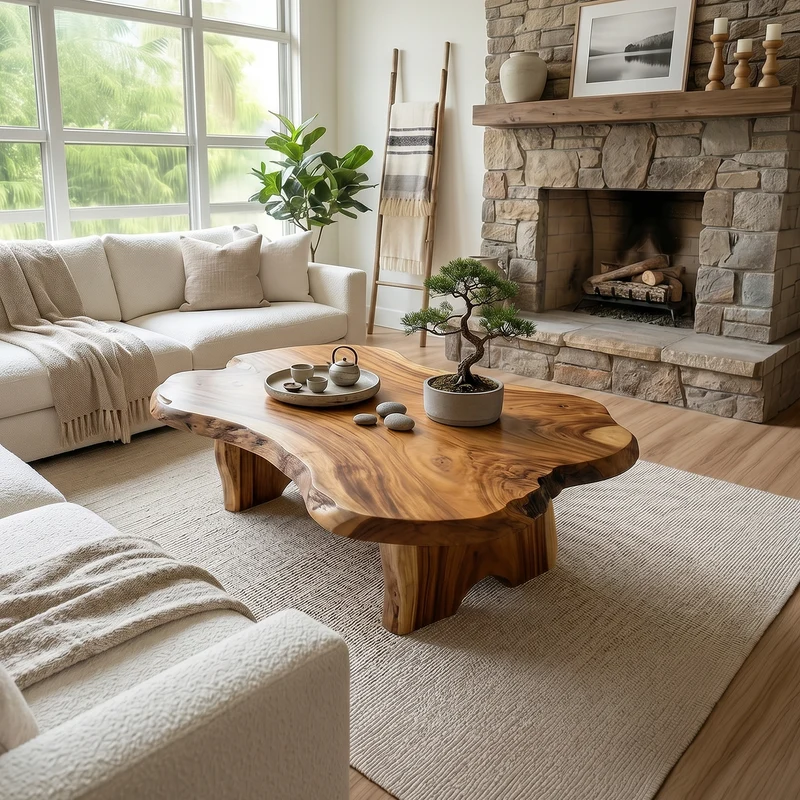 Spry Interior Rustic Live Edge Solid Wood Coffee Table, Natural Wood Slab Center Table for Cabin Fireplace Room and Living Room, SILDTTRCF124