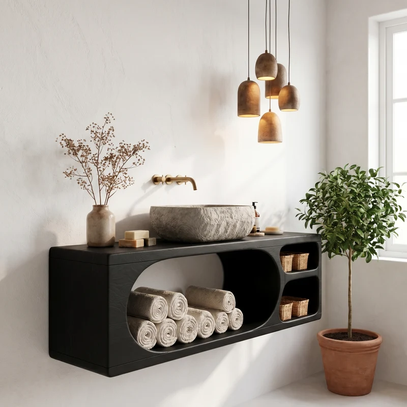 Spry Interior Organic Bathroom Vanity with Built-In Storage Shelves, Handcrafted Natural Wood Sink Vanity Cabinet for Bath, Model SINLHABRV309
