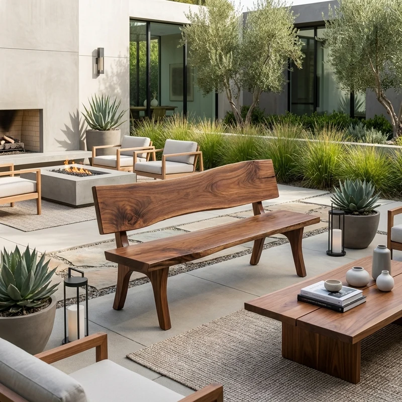 Spry Interior Contemporary Solid Wood Bench with Sculpted Backrest for Outdoor Patio, Courtyard & Garden Seating, Natural Finish, SITHTTCHR019