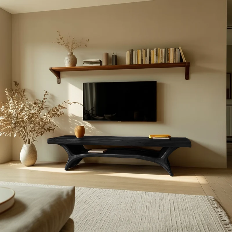 Spry Interior Architectural Wooden TV Stand with Open Storage Shelf, Mid-Century Modern Media Console for Living Room - RTTHTTTVC062