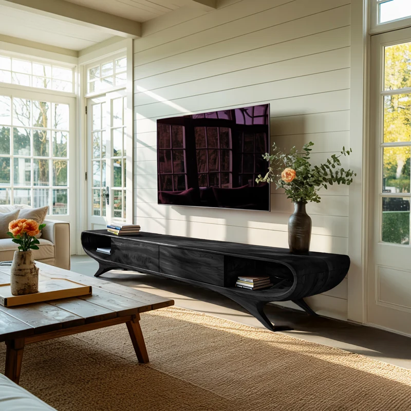 Spry Interior Minimalist Wood TV Cabinet with Hidden Drawers, Sleek Modern Media Console Entertainment Center for Living Room - RTTHTTTVC067