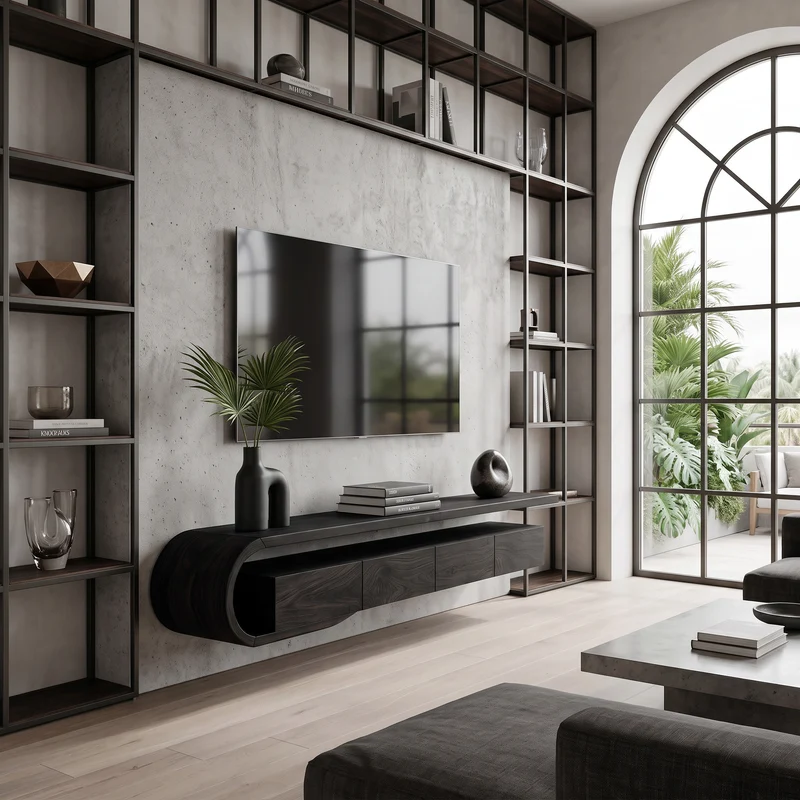 Spry Interior Modern Sculptural Wall Mounted TV Console, Floating Wooden Media Shelf Entertainment Center for Living Room - RTTHHNTVC056