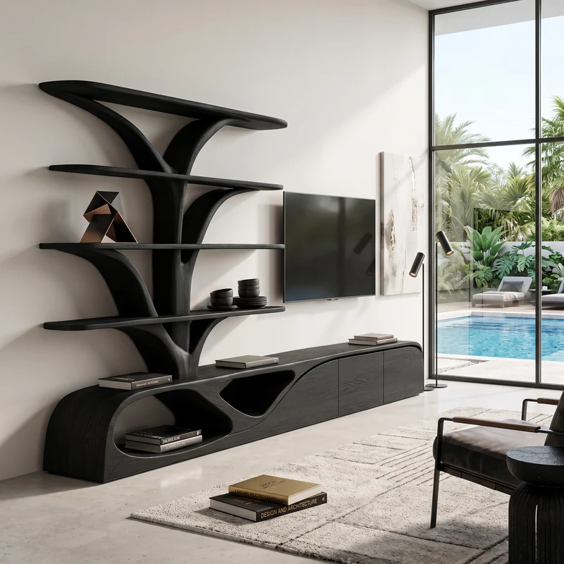 Spry Interior Organic Wood TV Shelf with Integrated Tree Shape Bookshelf, Unique Media Console Storage for Living Room - SITHHNTVC043
