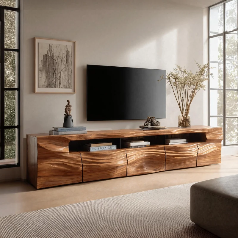 Spry Interior Modern Sculptural TV Console with Drawers, Contemporary Wooden Media Center Credenza for Living Room Furniture - SITHHNTVC019