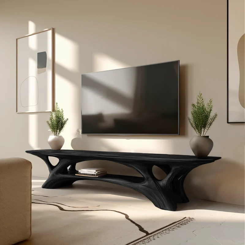Spry Interior Organic Wood TV Stand with Flowing Curved Design, Modern Sculptural Media Console Table for Living Room Decor - RTTHTTTVC054