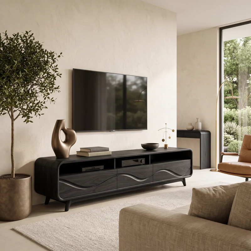 Spry Interior Low Profile Wooden TV Stand with Open Media Shelf, Minimalist Living Room Entertainment Console Table - RTTHTTTVC074