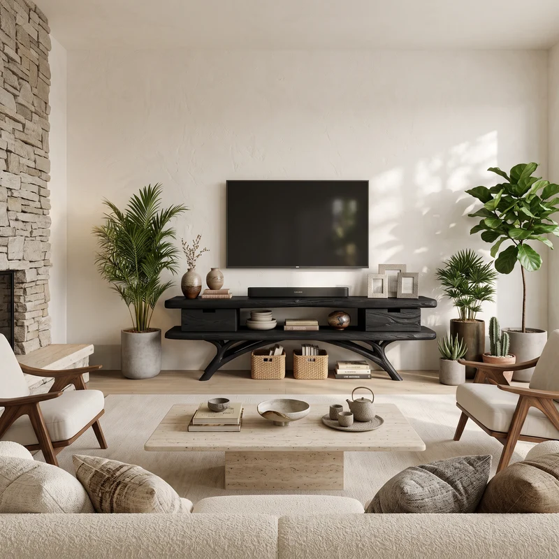 Spry Interior Artistic Curved Wooden TV Cabinet, Modern Sculptural Media Console Table for Minimalist Interior Furniture - RTTHTTTVC059