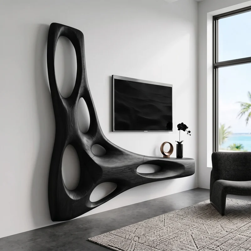 Spry Interior Artistic Organic Wall Mounted Media Console, Floating Wooden Sculptural TV Stand for Modern Living Room - SITHHNTVC038