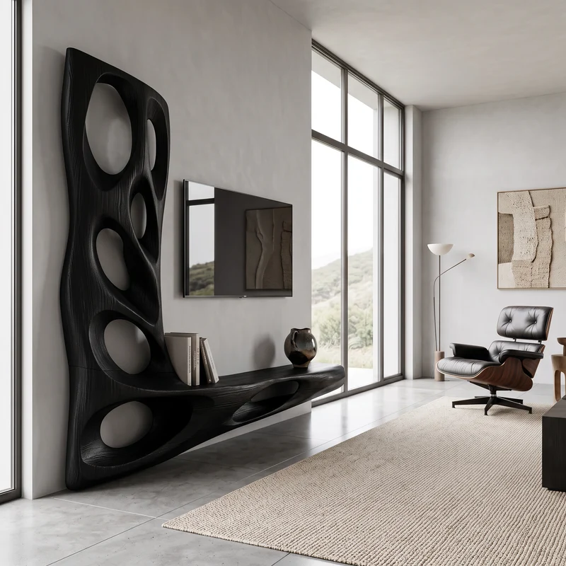 Spry Interior Modern Sculptural TV Wall Console, Floating Wooden Media Shelf Entertainment Center for Living Room Decor - SITHHNTVC037