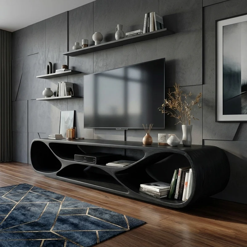 Spry Interior Contemporary Curved Wood TV Stand, Sculptural Media Console Table, Modern Living Room Entertainment Center - RTTHHNTVC088