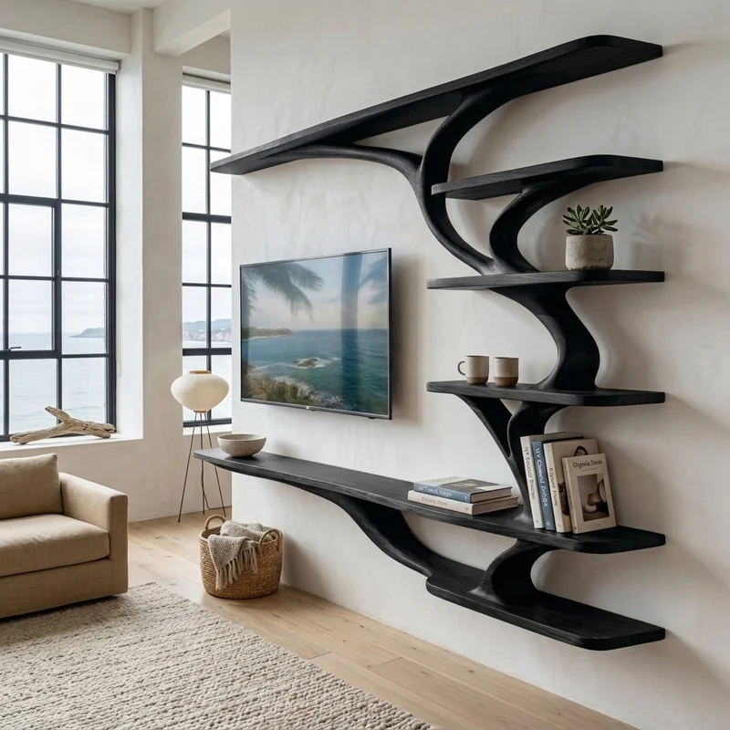 Spry Interior Modern Wood Wall Mounted TV Shelf, Floating Media Console Board Components Rack for Contemporary Home Style - RTTHHNTVC098