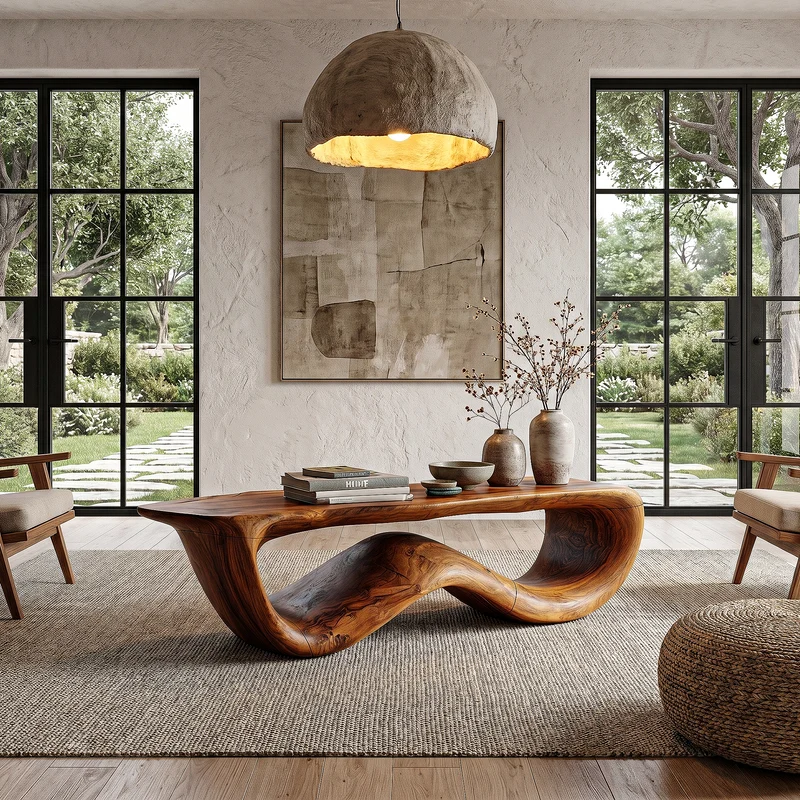 Spry Interior Contemporary Coffee Table with Flowing Solid Wood Silhouette, Organic Handcrafted Living Room Center Table, Model SINLHACF389