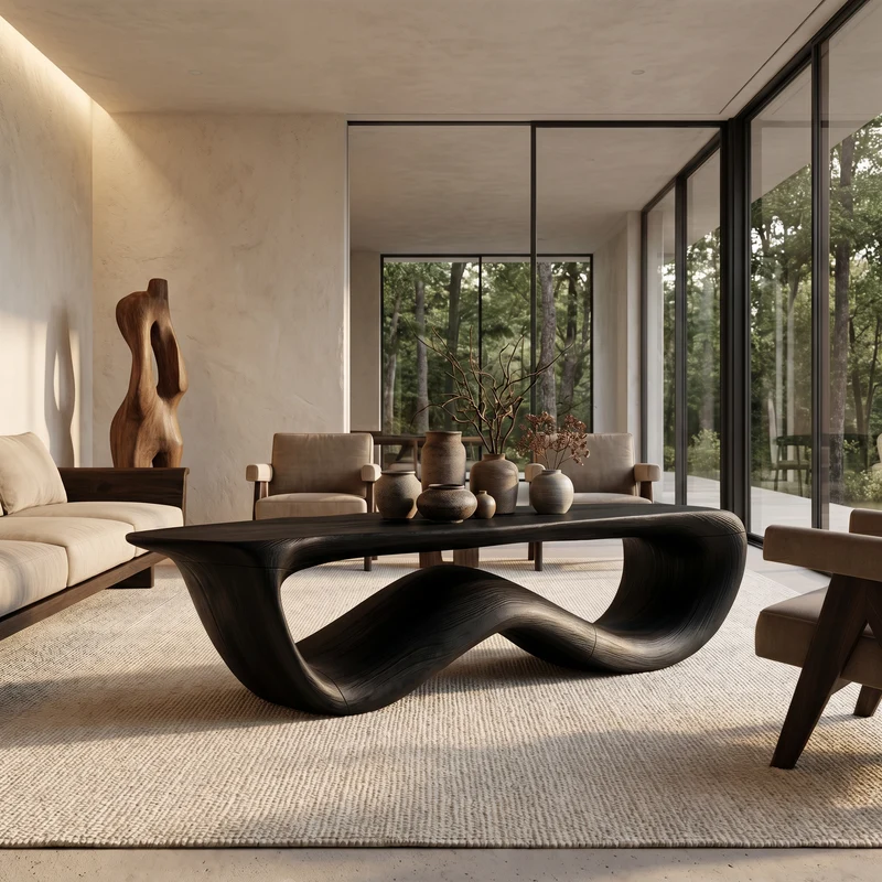 Spry Interior Contemporary Coffee Table with Flowing Solid Wood Silhouette, Organic Handcrafted Living Room Center Table, Model SINLHACF389