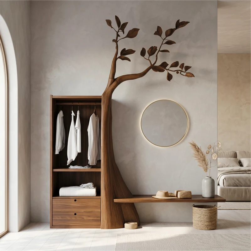 Spry Interior Organic Modern Tree Coat Rack with Seating Bench, Rustic Wood Hall Tree Mudroom Organizer for Entryway Bedroom - SINLSATCR116