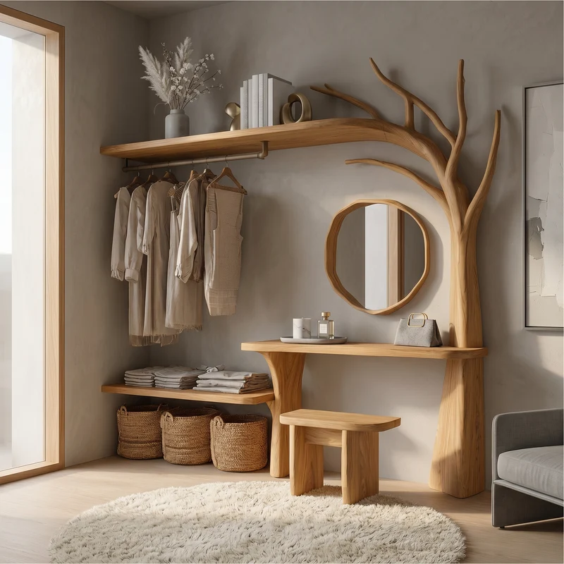 Spry Interior Organic Wood Tree Coat Rack, Wardrobe Organizer Hanging Rail, Modern Bedroom Dressing Room Vanity Furniture - SINLSATCR115