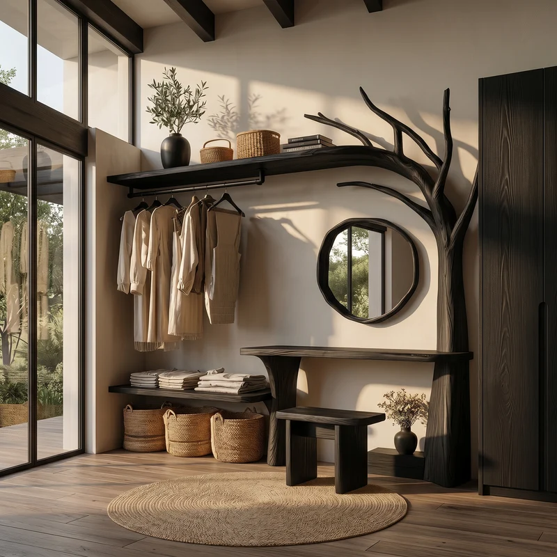 Spry Interior Organic Wood Tree Coat Rack, Wardrobe Organizer Hanging Rail, Modern Bedroom Dressing Room Vanity Furniture - SINLSATCR115