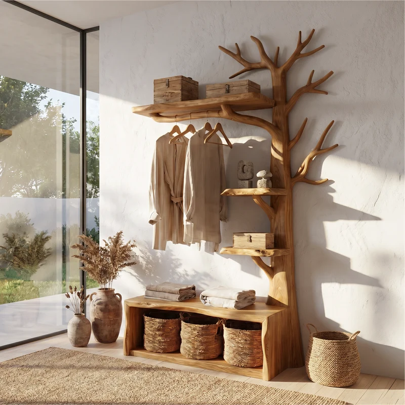 Spry Interior Natural Wood Tree Coat Rack with Bench, Rustic Hall Tree Entryway Organizer, Wooden Storage Unit for Hallway - SINLSATCR114