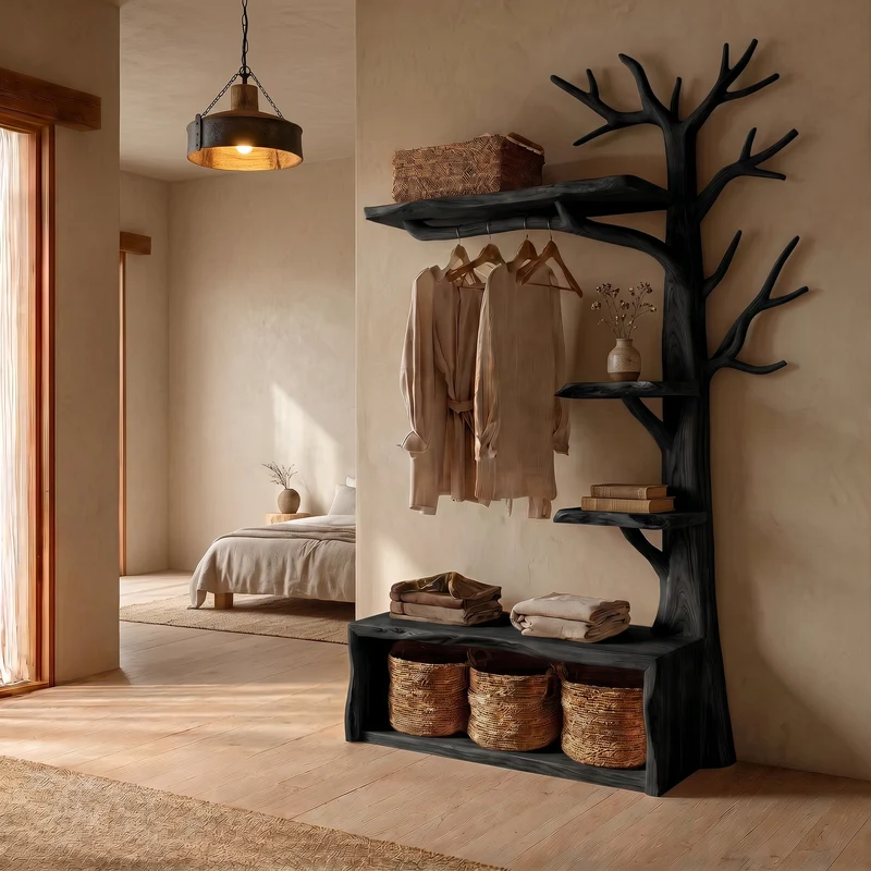 Spry Interior Natural Wood Tree Coat Rack with Bench, Rustic Hall Tree Entryway Organizer, Wooden Storage Unit for Hallway - SINLSATCR114