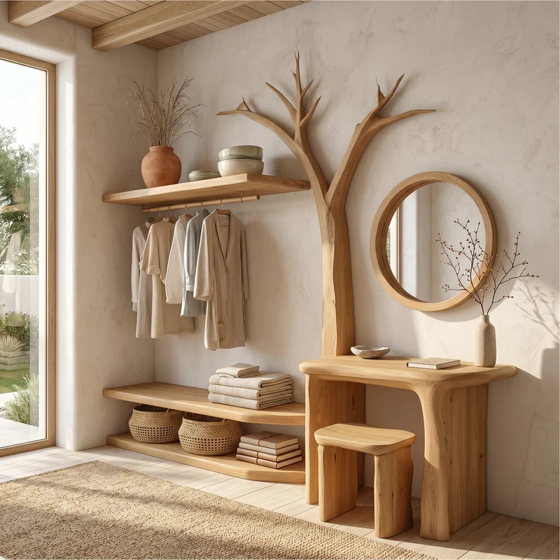 Spry Interior Organic Tree Coat Rack Dressing Table Combo, Integrated Wooden Vanity Set Organizer for Bedroom Dressing Room - SINLSATCR113