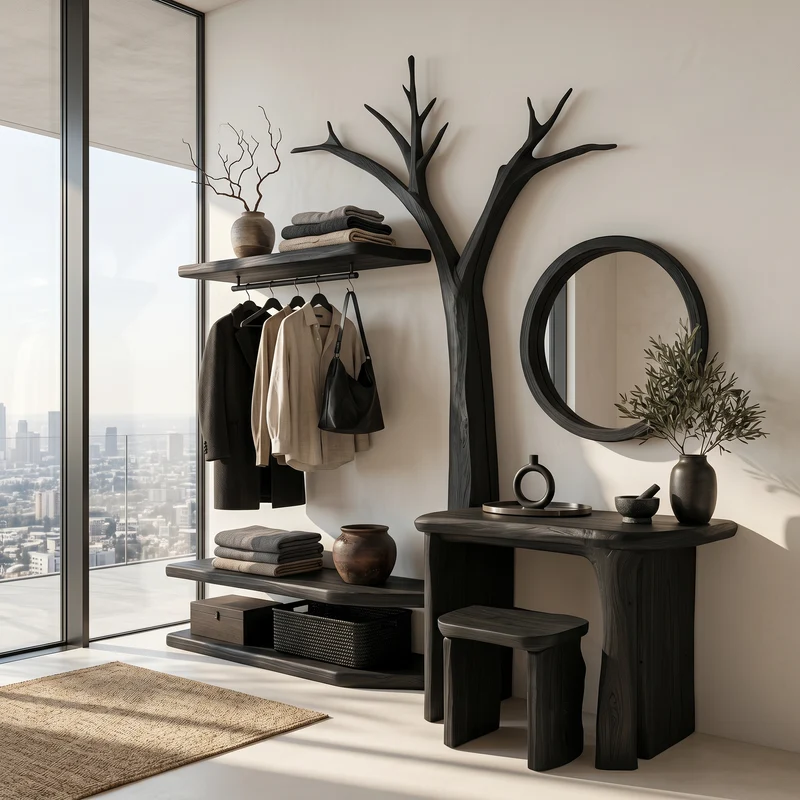 Spry Interior Organic Tree Coat Rack Dressing Table Combo, Integrated Wooden Vanity Set Organizer for Bedroom Dressing Room - SINLSATCR113