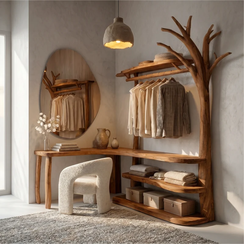 Spry Interior Natural Wood Tree Coat Rack with Corner Makeup Vanity Table, Multi-Functional Dressing Desk for Bedroom - SINLSATCR112