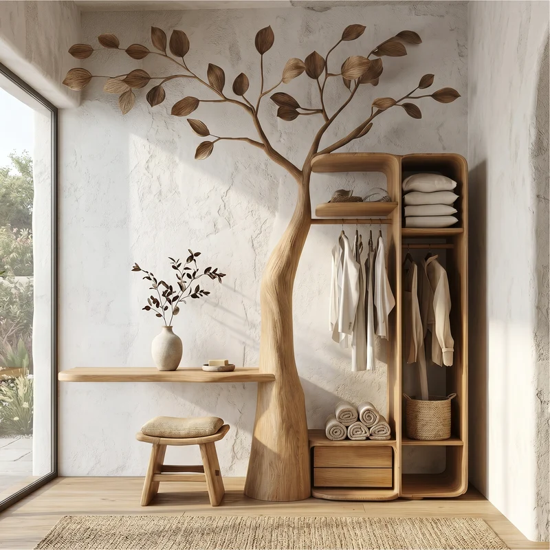 Spry Interior Rustic Tree Coat Rack with Wall Mounted Vanity Table, Space-Saving Bedroom Dressing Desk Organiser - SINLSATCR111