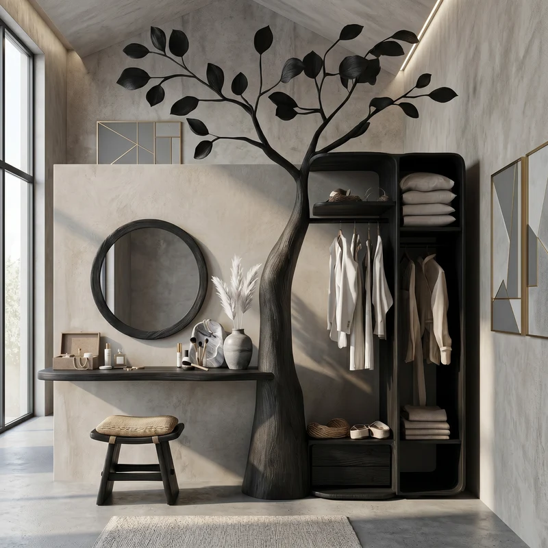 Spry Interior Rustic Tree Coat Rack with Wall Mounted Vanity Table, Space-Saving Bedroom Dressing Desk Organiser - SINLSATCR111