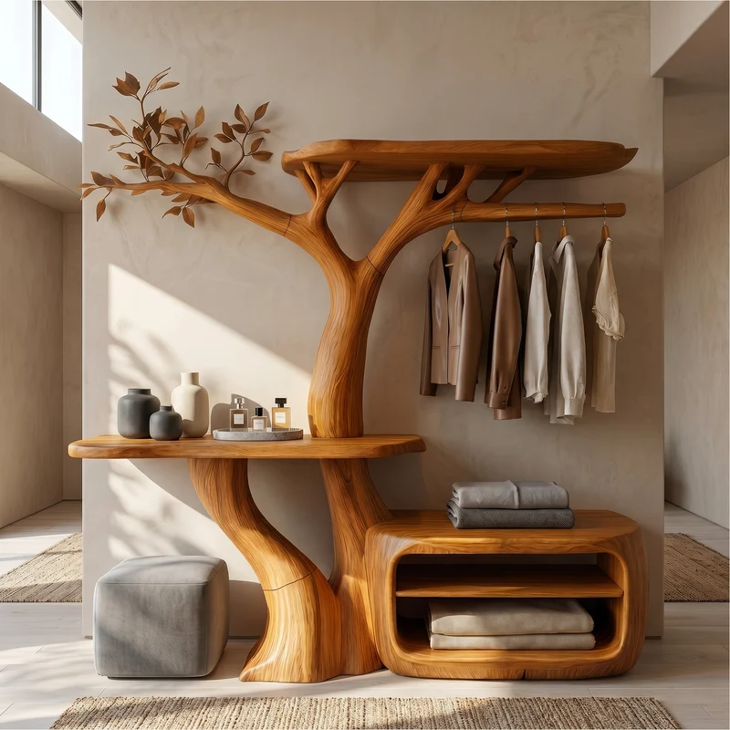 Spry Interior Contemporary Wooden Tree Coat Rack, Bedroom Clothes Storage Organizer, Dressing Room Valet Standing Hanger - SINLSATCR110