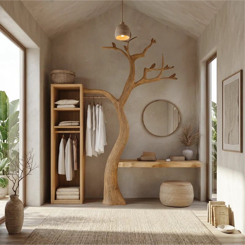 Spry Interior Natural Wood Tree Coat Rack, Standing Wardrobe Hanger for Bedroom, Entryway and Walk-In Closet, Model SINLSATCR109