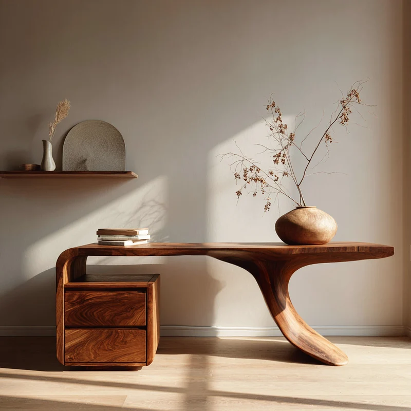 Spry Interior Modern Wooden Desk with Unique Curved Base, Handcrafted Solid Wood Writing Desk for Home Office Workspace, Model RTTHHNDE111