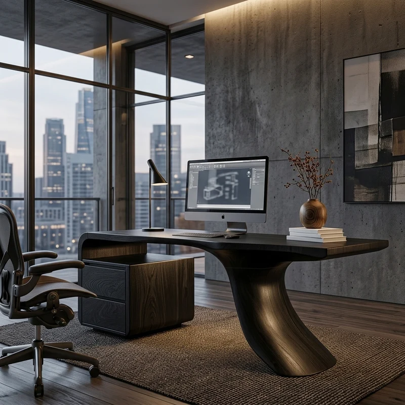 Spry Interior Modern Wooden Desk with Unique Curved Base, Handcrafted Solid Wood Writing Desk for Home Office Workspace, Model RTTHHNDE111