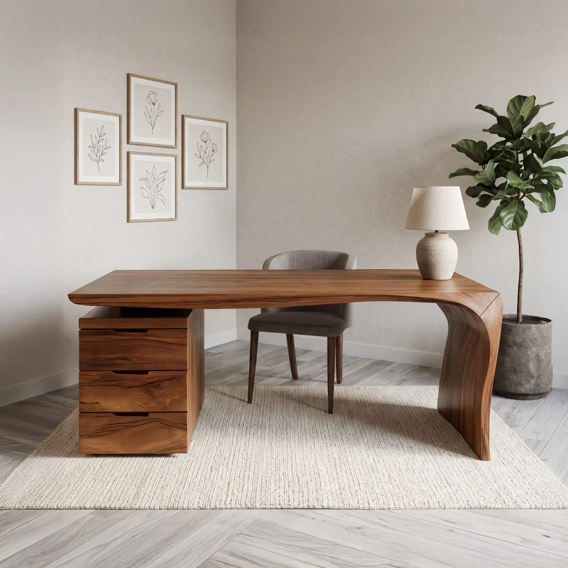 Spry Interior Modern Carved Wood Desk with Curved Leg & Drawer Cabinet, Handcrafted Writing Desk for Office Workspace, Model RTTHHNDE079